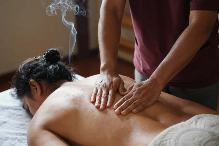 traditional balinese massage therapist at work